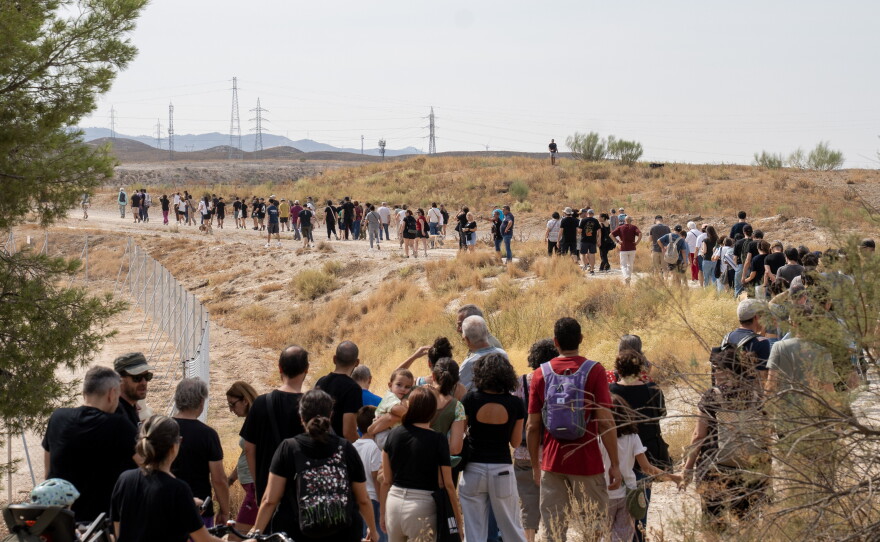 Hundreds of protesters walk through the streets of Zaragoza, Spain, on Sept. 27. The Spanish region of Aragon is seeing a huge surge in data center construction, which has alarmed many local residents due to their high energy use, noise pollution and heat generation. Microsoft and Amazon are among those building in the region.