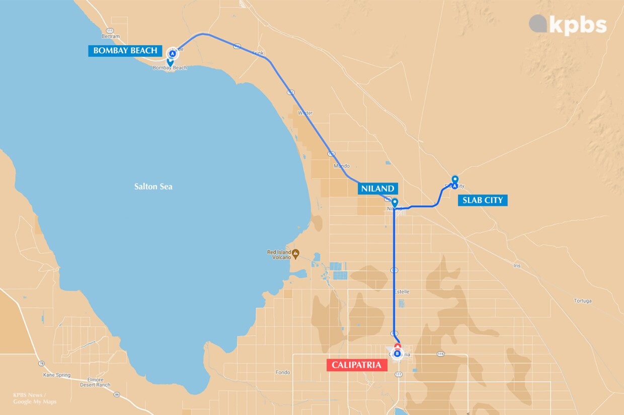 A map shows the distances from Niland, Slab City and Bombay Beach to the city of Calipatria.