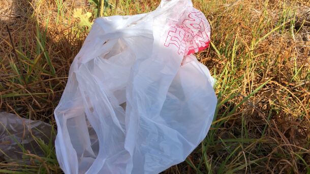 Thin single-use plastic bags, like this one in Mission Valley, litter roadsides all around San Diego County on July 8, 2020.  