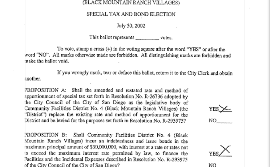 Copy of Official Ballot that formed Community Facilities District 4 in San Diego.