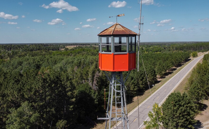 The fire tower at the DNR Forestry Station in Nimrod, Minnesota, is one of the only towers in the state still used to detect fires. Built in 1928, a 94-foot ladder leads to the tower's cab.