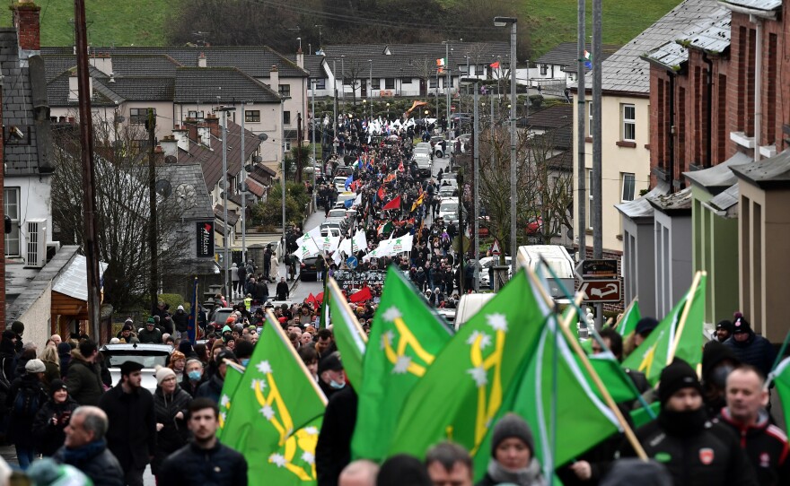 People take part in a Bloody Sunday March to the Guildhall, as they mark the 50th Anniversary of Bloody Sunday.