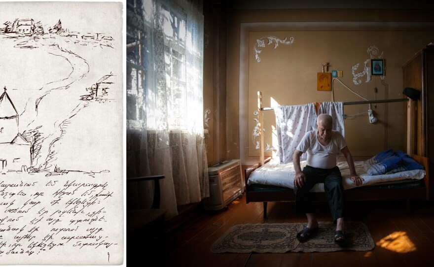 With relatives' help, Movses Haneshyan, 106, drew a map of his village for photographer Diana Markosian and asked her to find his old church.