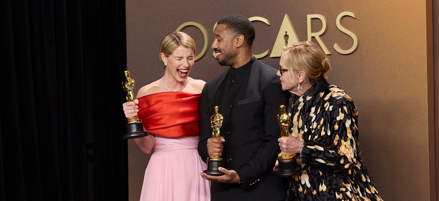Jessie Buckley, Michael B. Jordan and Amy Madigan pose backstage with the Oscar® for Actor in a Leading Role during the 98th Oscars® at Dolby® Theatre at Ovation Hollywood on Sunday, March 15, 2026.