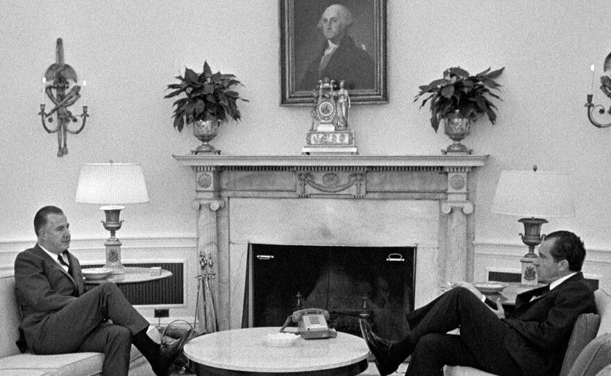 Left to right: Vice President Spiro Agnew and President Richard Nixon holding a meeting in the Oval Office, April 23, 1969.