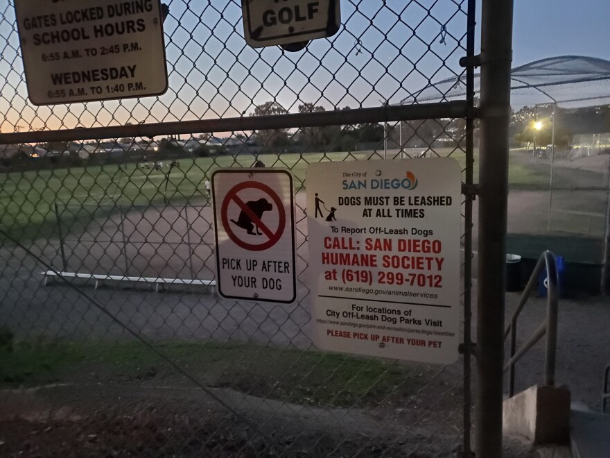 A sign at an Allied Gardens park shows dogs are not allowed to be off leash, Feb. 9, 2022.