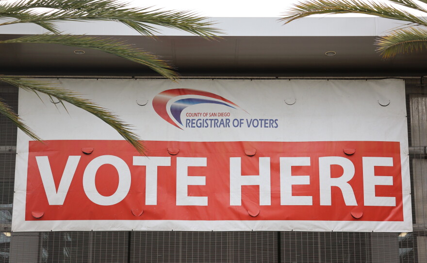 A banner outside the San Diego County Registrar of Voters, photographed on Tuesday, Oct. 14, 2025.