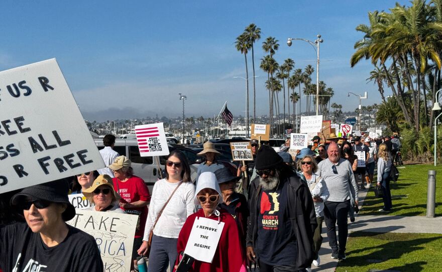 Protesters across San Diego join a nationwide walkout and demonstration against the Trump administration through Waterfront Park on Jan. 20, 2026.