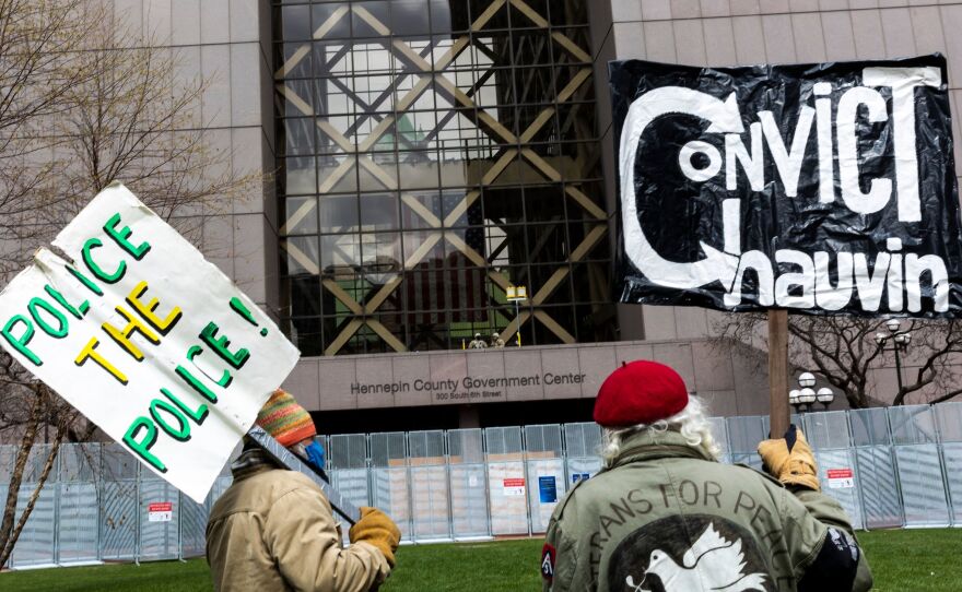 People gathered outside the Hennepin County Courthouse in Minneapolis, before the jury returned guilty verdicts against former officer Derek Chauvin in the death of George Floyd.