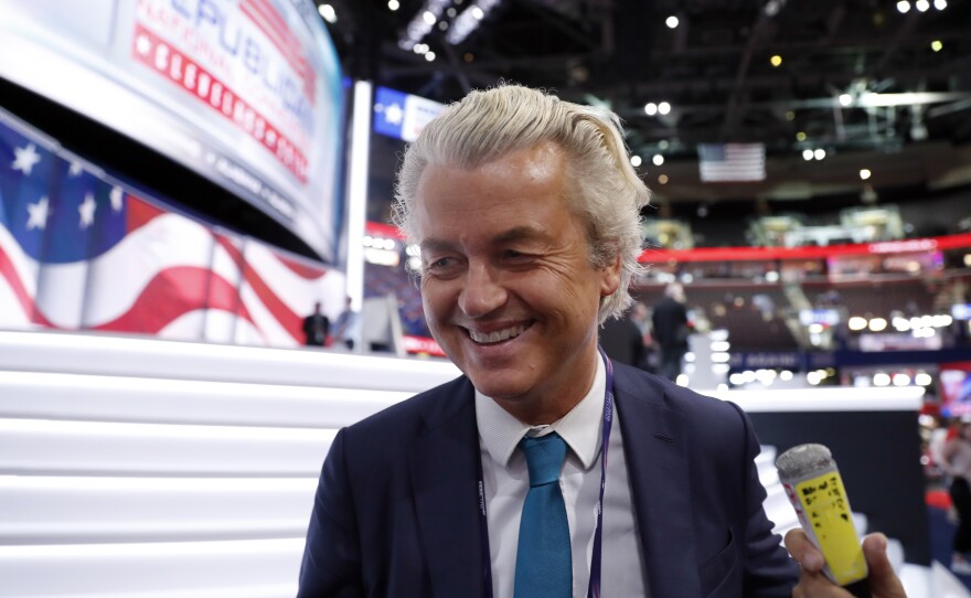 Dutch lawmaker Geert Wilders talks to reporters at the Republican National Convention in Cleveland in July. The Dutch press has dubbed Wilders "the Dutch Donald Trump" because of his rhetoric against immigrants.
