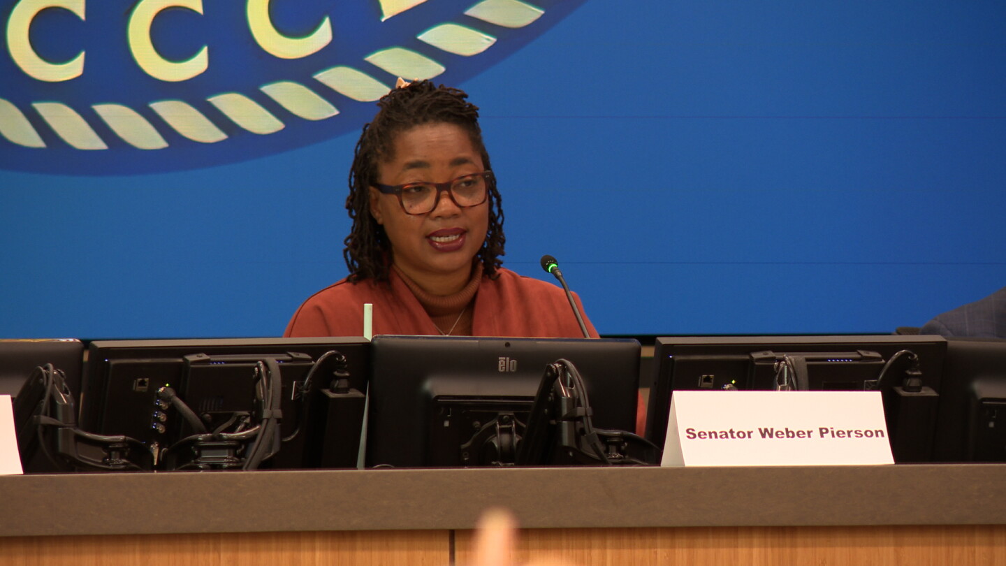 State Senator Dr. Akilah Weber-Pierson is shown talking to hearing participants at the County Operations Center on Oct. 21, 2026.