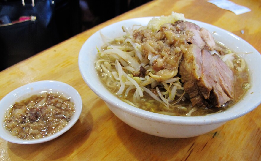 There are two choices at Yume Wo Karate: ramen topped with pork ($12), or ramen topped with more pork ($14). Extra garlic and emulsified fat can be added, too.