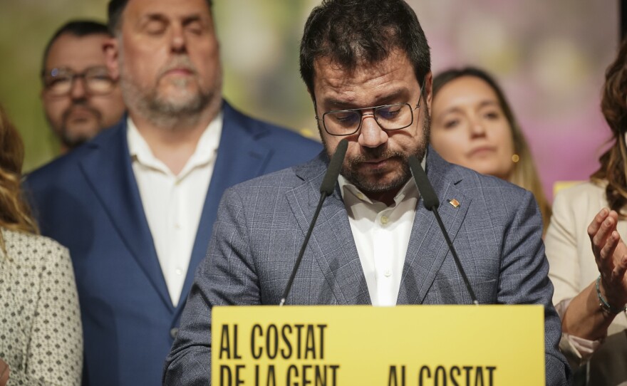 Catalonia's regional President and candidate for pro-independence ERC (Republican Left of Catalonia) makes a statement after the announcement of the final results of the elections to Catalonia's regional parliament in Barcelona on Sunday.