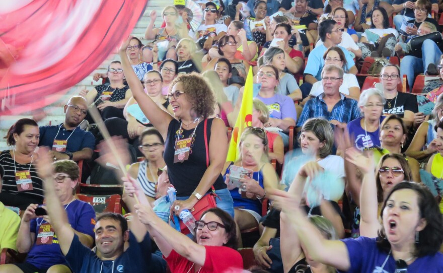 Teachers at a rally in Porto Alegre celebrate their decision to go on strike on March 15.