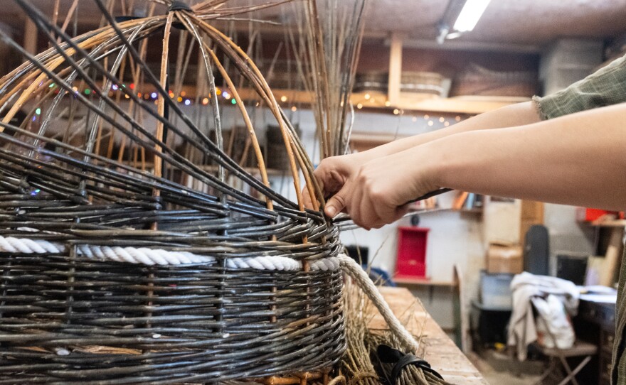 Mary Lauren Fraser wrangles the willow to shape it into a hood over the tray.