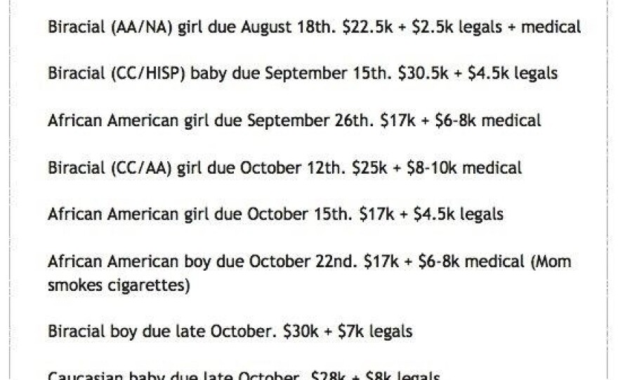 A screen grab detailing the race-based cost differential for children being placed by various agencies. The original page appeared on the website for an adoption consulting group that links potential parents with adoption agencies. This fee structure has been common for some time throughout the adoption system. The group no longer posts this information to the public and asked to remain anonymous.