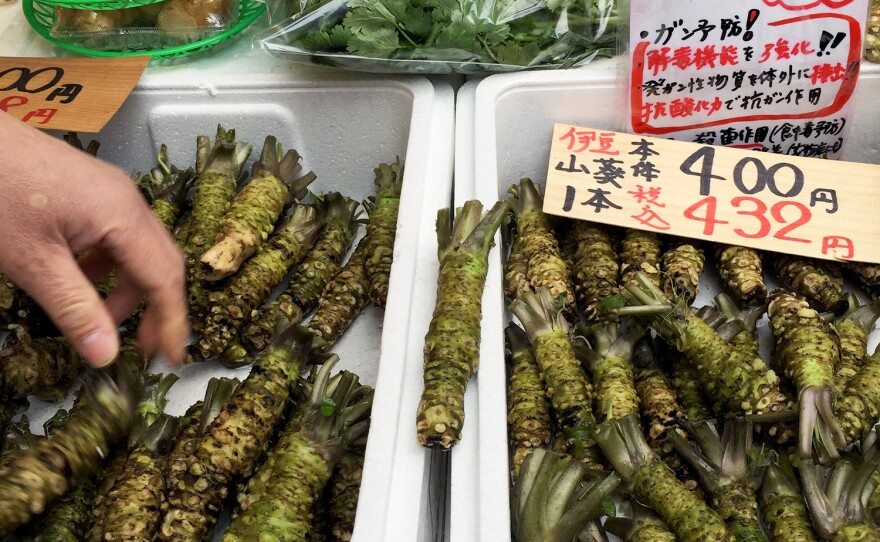 Be on the lookout for fresh wasabi that's straight and deep green in color.