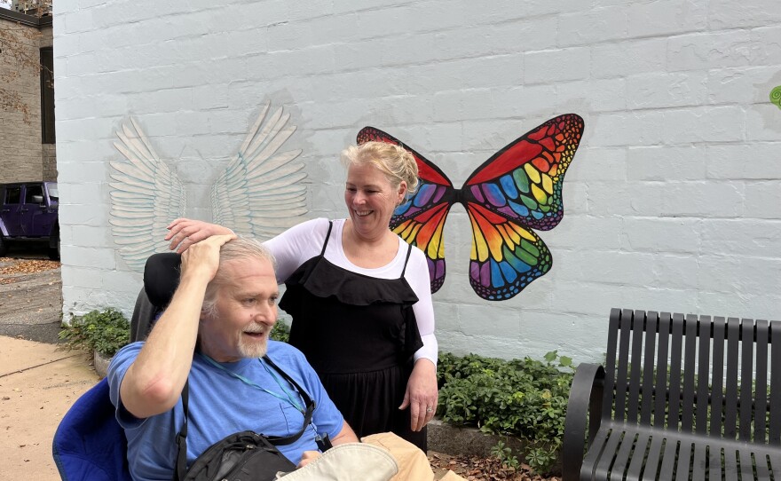 Lewiston resident Terry Stibbards and his wife, Stacey, spend some time outside Saturday afternoon after the shelter-in-place orders were lifted.