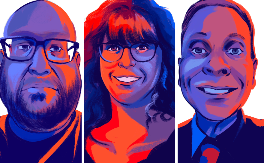 From left, illustrated portraits of Pennsylvania swing voters Stephen, Colleen and John.