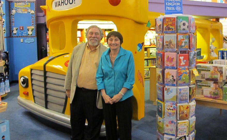 The creators of <em>The Magic School Bus </em>series: illustrator Bruce Degen and author Joanna Cole, posing at the Scholastic Store in New York City in an undated photo.