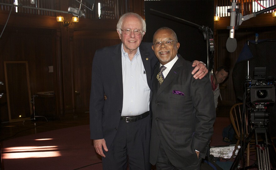 Henry Louis Gates, Jr. with Bernie Sanders on the set of FINDING YOUR ROOTS, Season 4.