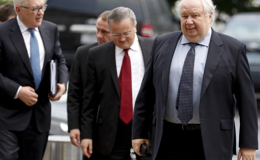 Russian Ambassador to the U.S. Sergey Kislyak (right) and Russian Deputy Foreign Minister Sergei Ryabkov (left) arrive at the State Department for a meeting on Monday. Kislyak is likely to be appointed a senator when he returns to Moscow.