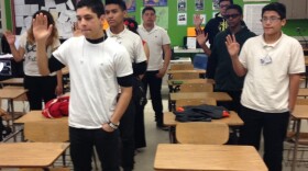 A jury of 9th-graders is sworn in at a "teen court" session in Michigan.