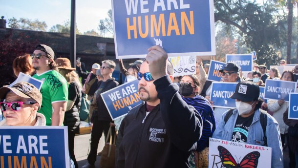 Immigrant rights advocates and supporters participate in a rally Monday, Dec. 2, 2024, at the State Capitol in Sacramento.