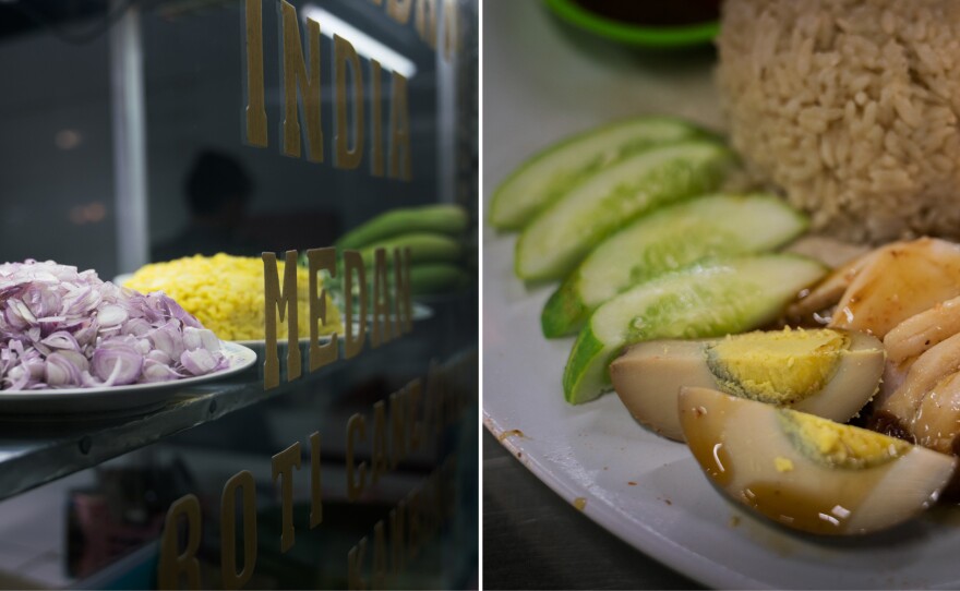 Left: Raw vegetables ready to be prepared. Right: Nasi Campur, which is roasted chicken, crispy pork belly and roasted pork in sauce.