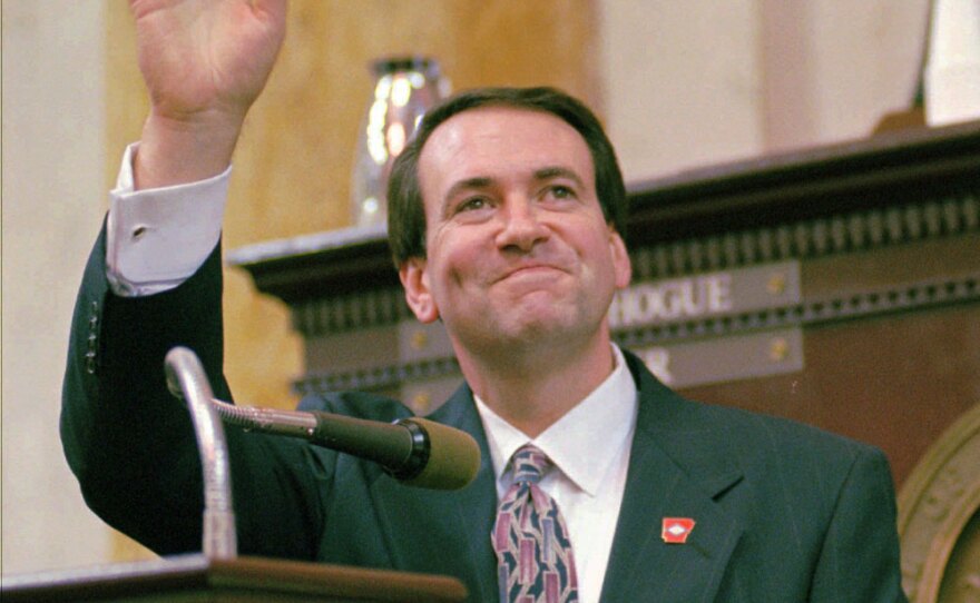 Huckabee, after taking the oath of office at the state Capitol in Little Rock in 1996. He became governor after the resignation of Jim Guy Tucker in the wake of Tucker's Whitewater convictions.
