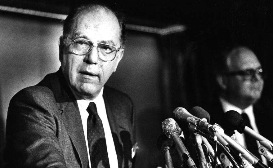 Lyndon LaRouche speaks at a press conference in Washington, D.C. in 1988. He ran for president eight times.