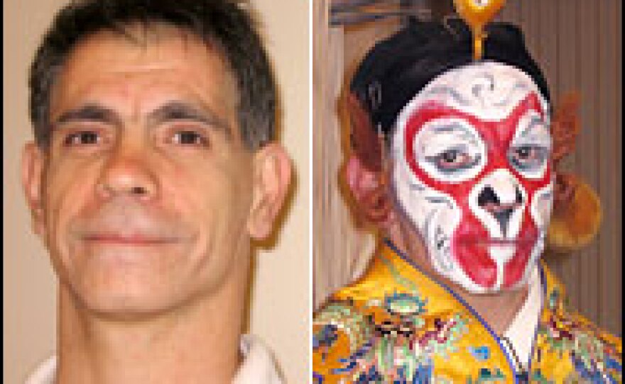Ghaffar Pourazar, who is British of Azeri Iranian descent, has spent more than a decade mastering the art of Beijing opera. On the right, he wears makeup and costume for the role of the classic Chinese character the Monkey King.