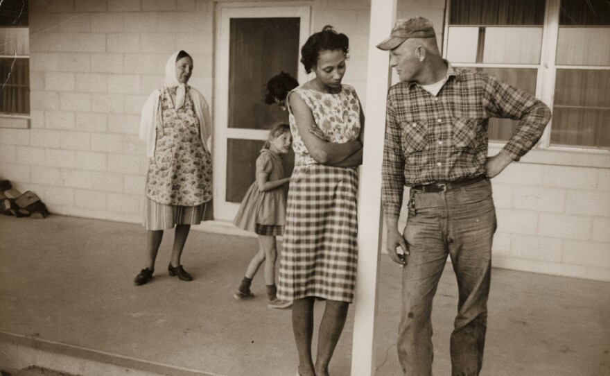 Mildred and Richard Loving; their daughter, Peggy; Mildred's sister Garnet; and Richard's mother, Lola, on the front porch of Mildred's mother's house, Caroline County, Va., April 1965.