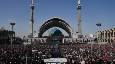 A crowd attends the start of the dayslong funeral ceremonies at the Imam Khomeini Mosalla Grand Mosque in Tehran, Iran, Saturday, July 4, 2026.