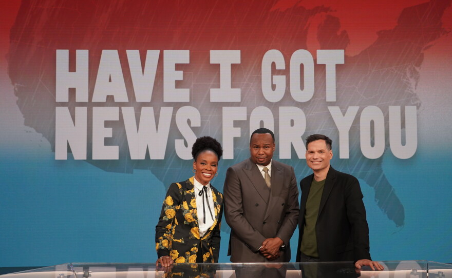 Amber Ruffin, Roy Wood Jr. and Michael Ian Black on the set of Have I Got News For You.