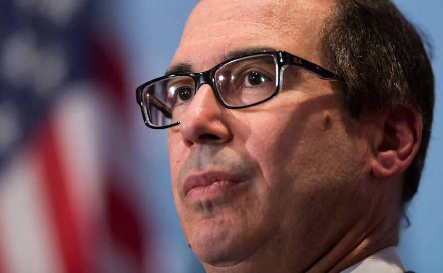 Steven Mnuchin, U.S. Treasury secretary, listens during a news conference at the closing of the G7 finance ministers and central bank governors meeting.