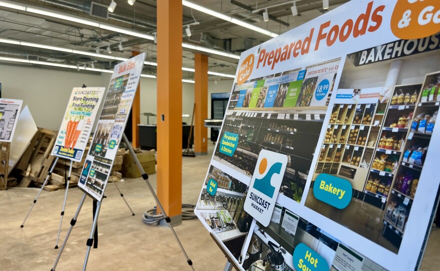 Pop-up poster boards inside of  SunCoast Market Co-op display what the finished store could look like upon opening this fall in Imperial Beach, July 31, 2025.