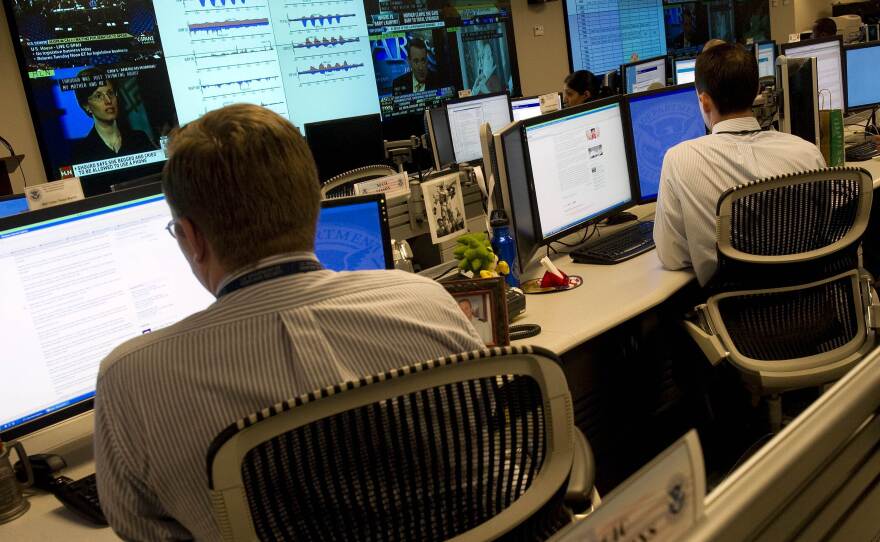 Homeland Security analysts watch for threats to U.S. technological infrastructure at the National Cybersecurity and Communications Integration Center.