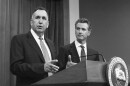 Steve Gordon, left, who was appointed by Gov. Gavin Newsom to head the California Department of Motor Vehicles, discusses a report detailing efforts by the DMV to improve customer services during a news conference in Sacramento, on July 23, 2019.