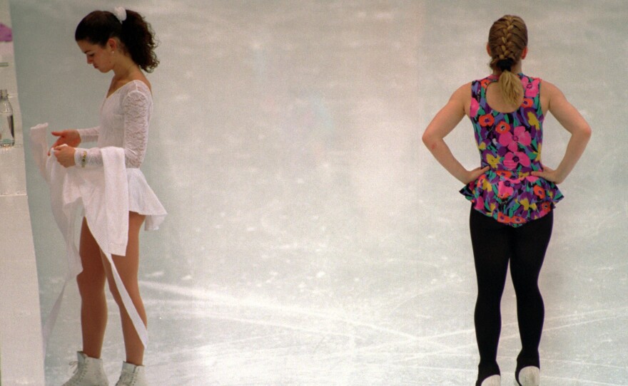 Nancy Kerrigan and Tonya Harding at a practice session at the 1994 Olympics in Lillehammer, Norway.