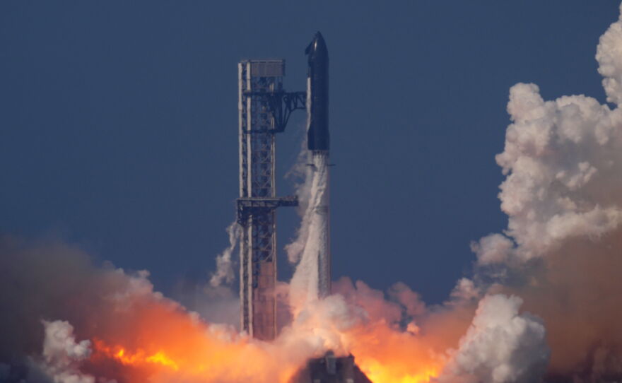 SpaceX's mega rocket Starship makes a test flight from Starbase, Texas, Friday, May 22, 2026.