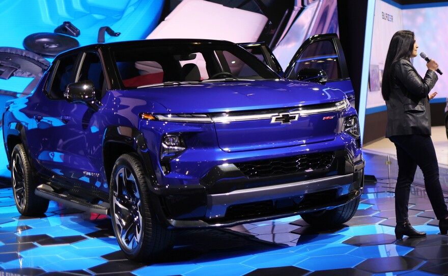 An All-Electric Silverado is displayed at the New York International Auto Show in New York City on April 15. Legacy automakers are electrifying some of their most popular models.