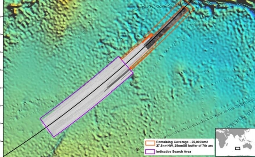 The newly identified area of interest in the Indian Ocean (orange) lies to the north of the current one (purple).