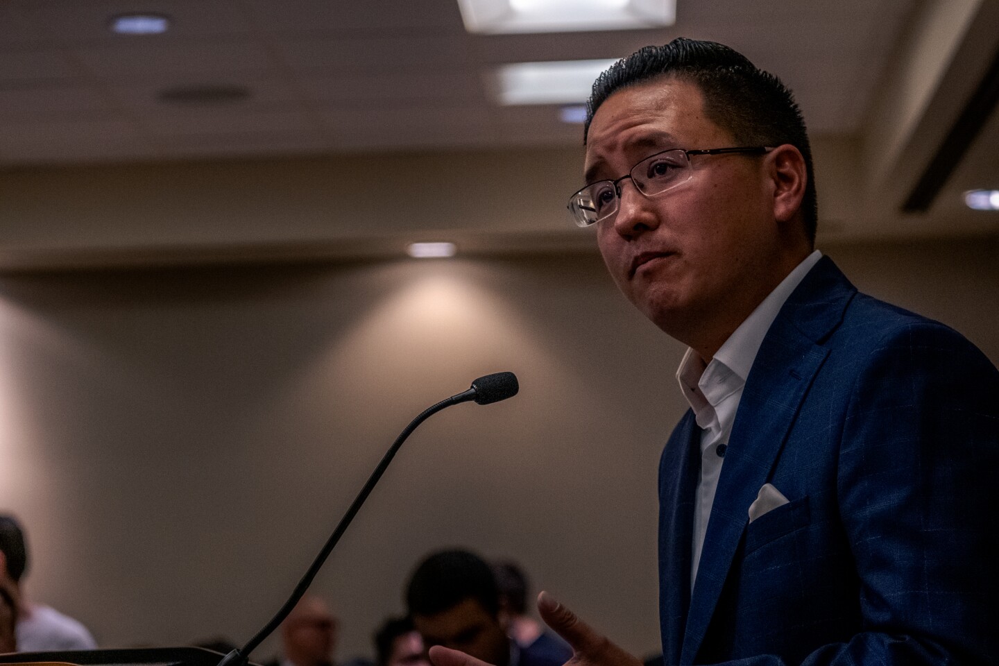 San Diego City Council District 6 candidate Kent Lee speaks at the San Diego County Democratic Party election event in downtown San Diego, Nov. 8, 2022.