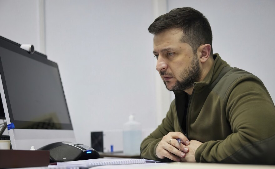 Ukrainian President Volodymyr Zelenskyy talks with Pope Francis on a phone call from Kyiv, Ukraine, on March 22. Most Ukrainian communications networks continue to function. Also, the U.S. and other partners are helping Ukraine with intelligence that includes intercepted Russian communications.