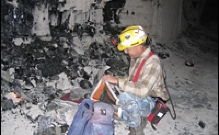 Bill DiMichele wraps a fossil sample in newspaper at the Pennsylvanian Mire Forest.