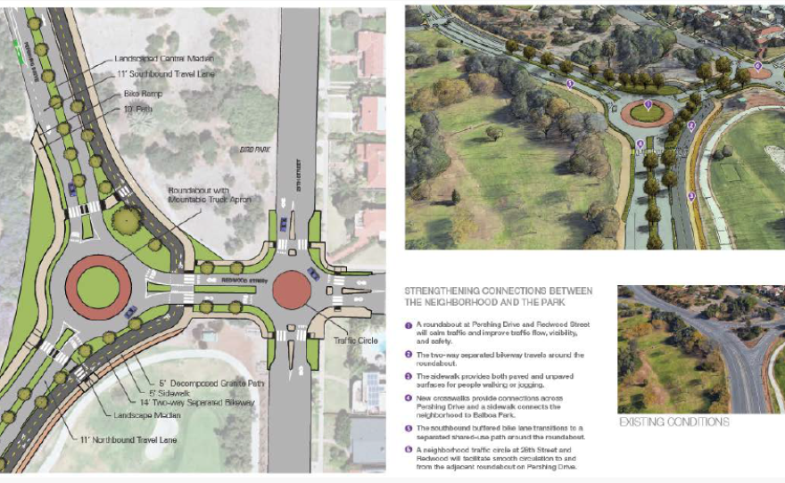 A screenshot of a 2017 rendering of the roundabout and traffic circle slated for construction at Pershing Drive and Redwood Street and Redwood Street and 28th Street.