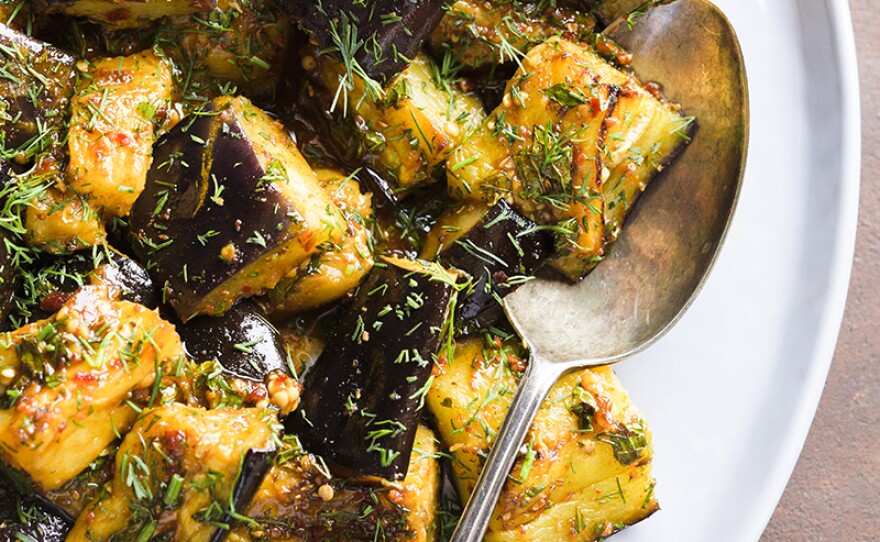 Spicy Egyptian Eggplant with Fresh Herbs - an oven-friendly version of a dish that is typically deep-fried by street vendors in Cairo is featured on "From Morocco To Egypt."