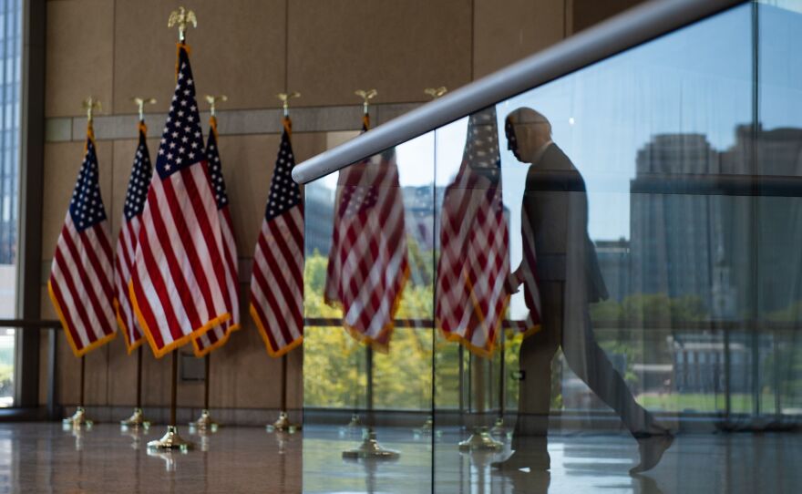 Democratic presidential nominee Joe Biden leaves after speaking at the National Constitution Center in Philadelphia on Sunday.