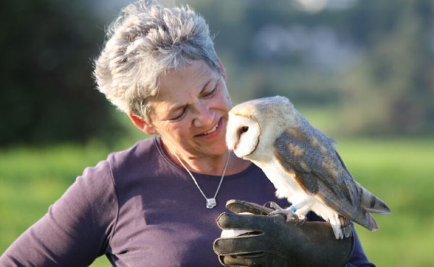 Rose Buck and Lily, her barn owl chick.